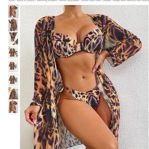 Leopard Triangle Bikini with Kimono- Shein